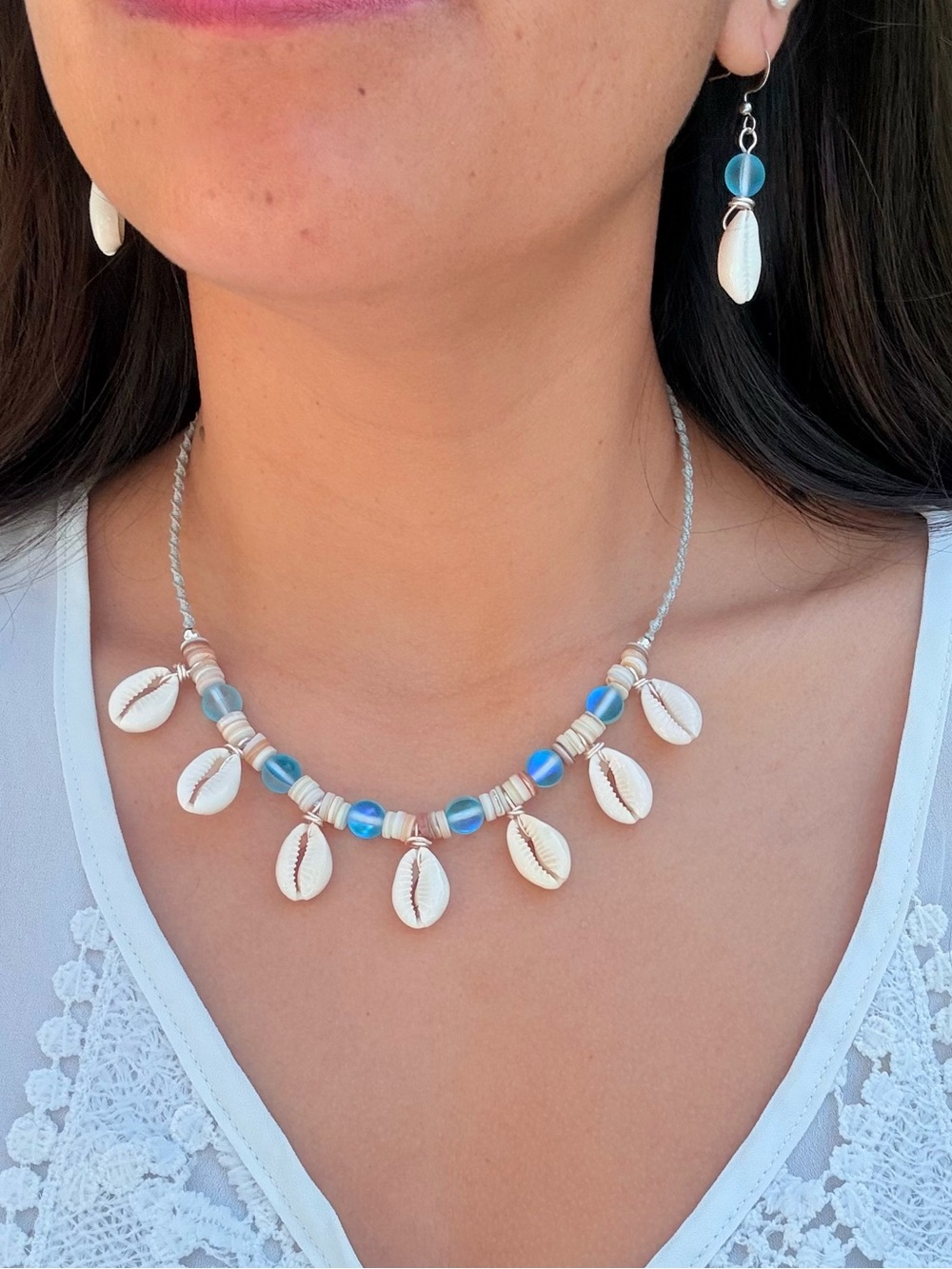 Handmade Blue & White Shell Necklace by